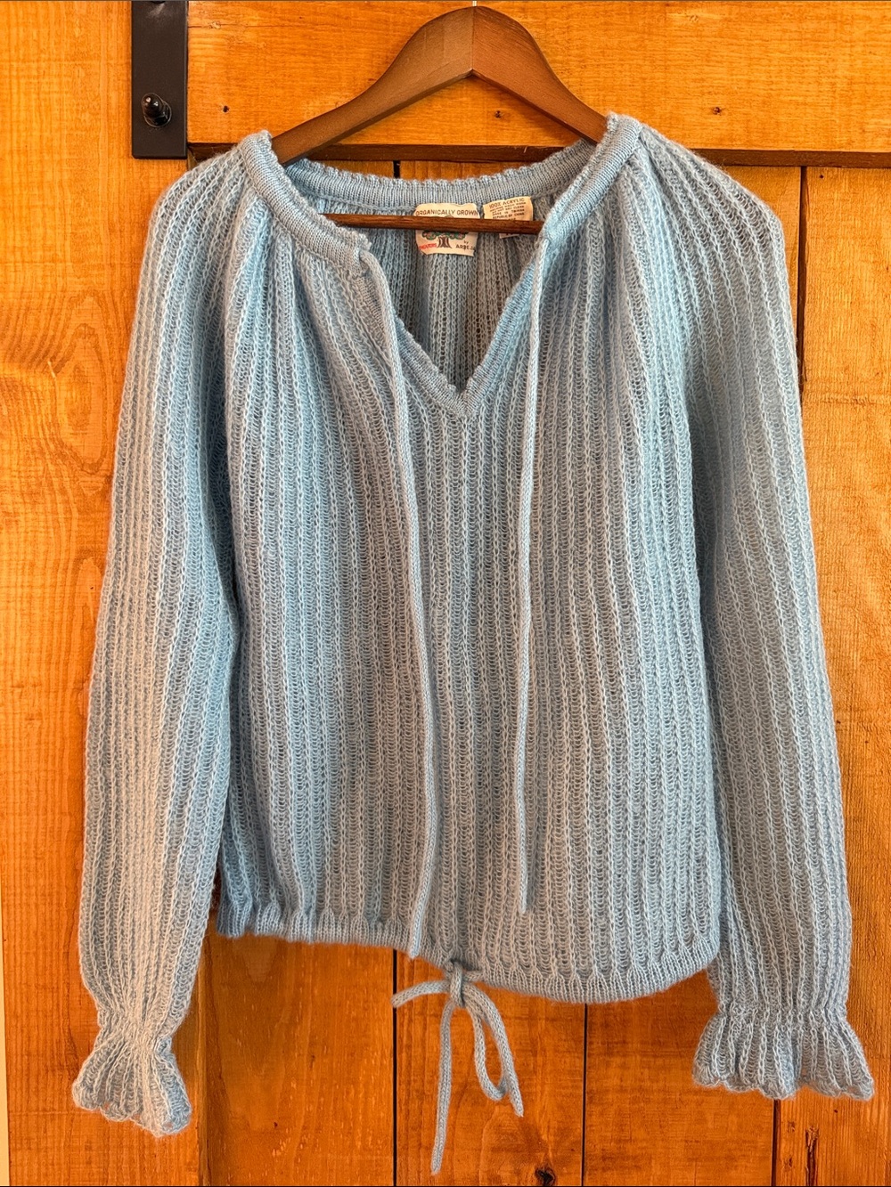Vintage Baby Blue Drawstring Knit Peasant Top - Women